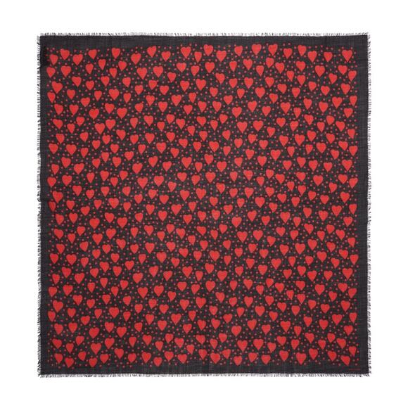 YSL Saint Laurent Black Red Scarf Wool Heart Polka Dot Print Square Large NEW - Picture 9 of 9